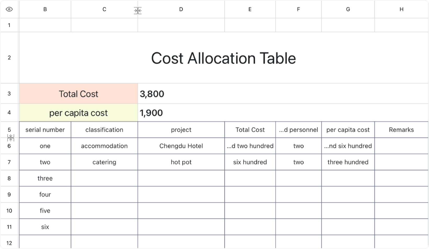 Cost Allocation Table